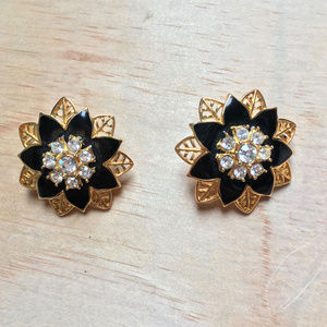 Black & Gold 80s Rhinestone Earrings Clip On